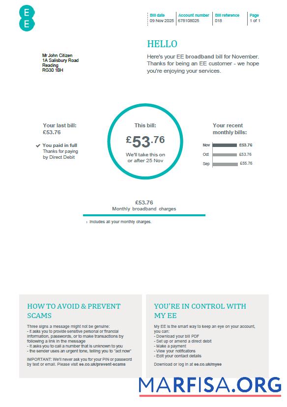 Downloadable United Kingdom EE utility bill template in Word and PDF formats, version 2
